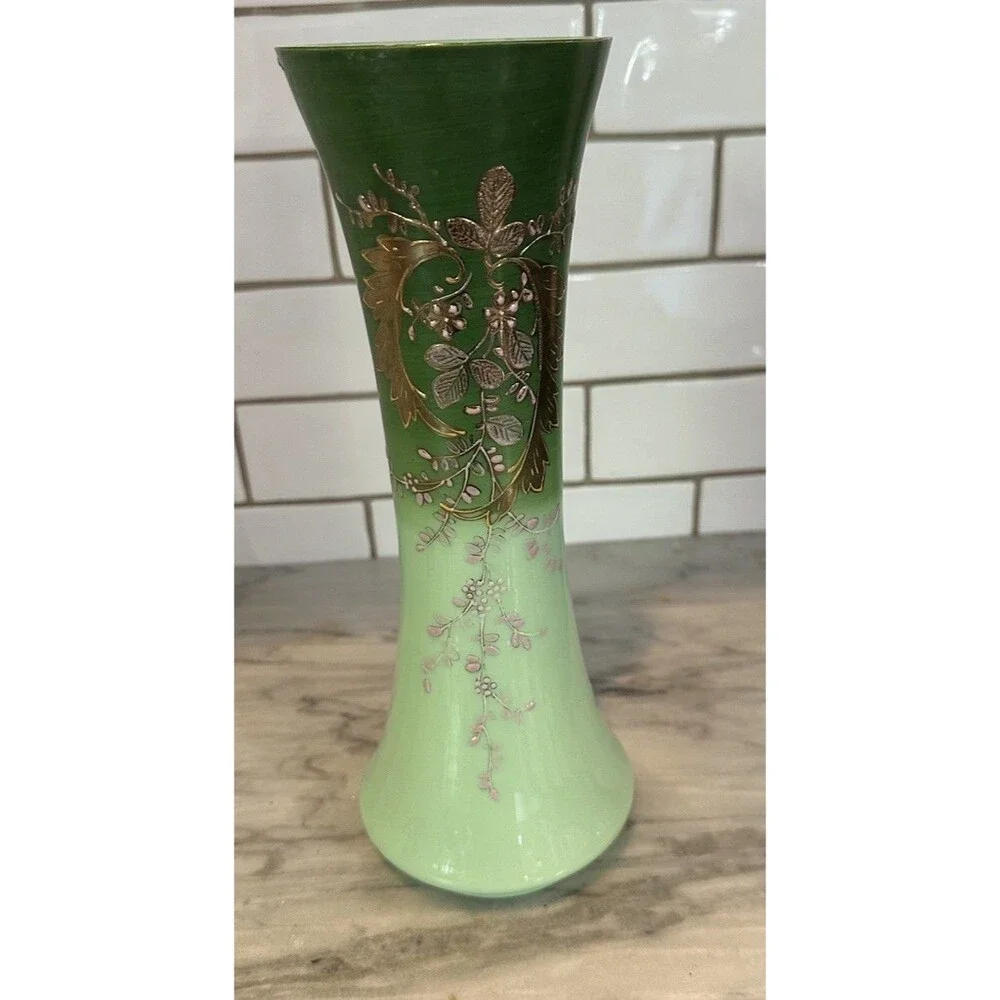 Opaline Two Tone Green Art Glass Gilt Flowers Hand Painted Vase Victorian 11.5